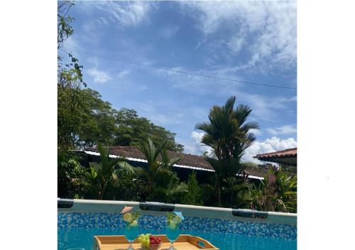 - Vistas a la piscina desde la casa en cabaña campestre san pedro, en Villavicencio
