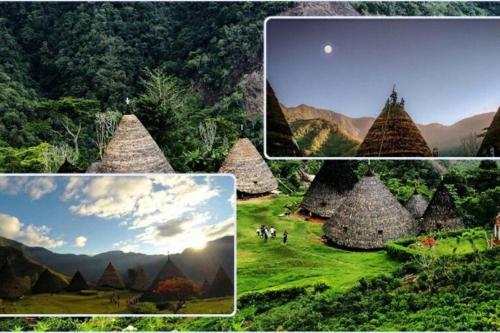 a collage of pictures of a group of pyramids at Rima Hostel Ruteng in Ruteng
