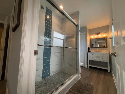 a glass shower in a bathroom with a sink at Tarpon - Spacious Updated W&D Full Kitchen 1.5 Mi to Beach in Bonita Springs