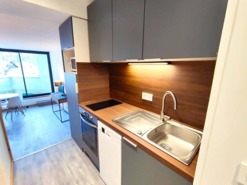 a kitchen with a sink and a counter top at Appartement Rénové 2P avec Balcon Sud, Front de Neige, au Pied des Pistes - FR-1-292-64 in Isola 2000