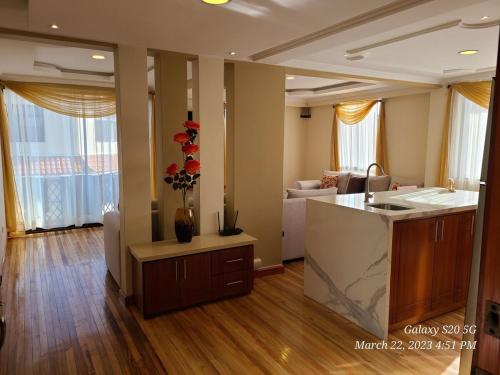 クエンカにあるSuite Four, luxurious, with BBQ areaのキッチンとリビングルームのある部屋