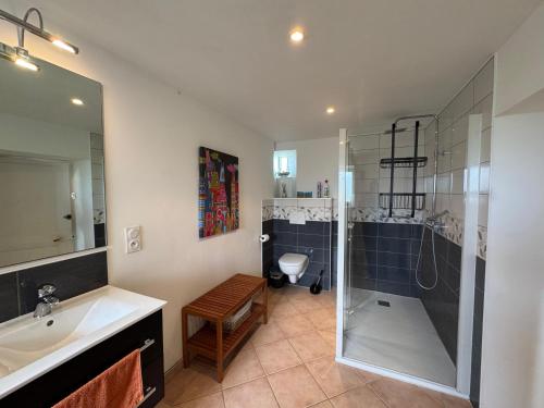 a bathroom with a shower and a sink and a toilet at Ty Guillerm - Maison bretonne entre terre et mer in Plounévez-Lochrist