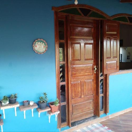 an open door in a blue room with potted plants at Casadaleila in Conceição do Mato Dentro