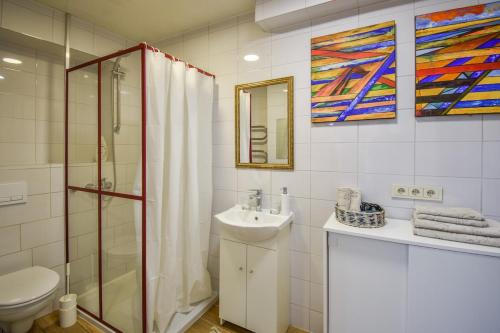 a bathroom with a shower toilet and a sink at A cozy apartment with private entrance in the city centre in Panevėžys