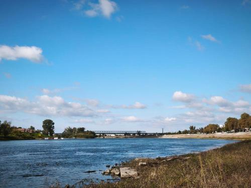 a view of a river with a bridge in the background at Apartman Relax in Slavonski Brod