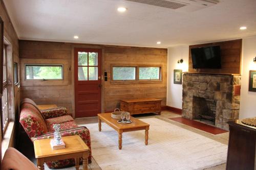 ShirleyにあるBeautiful Cabin in Natureのソファと暖炉のあるリビングルーム