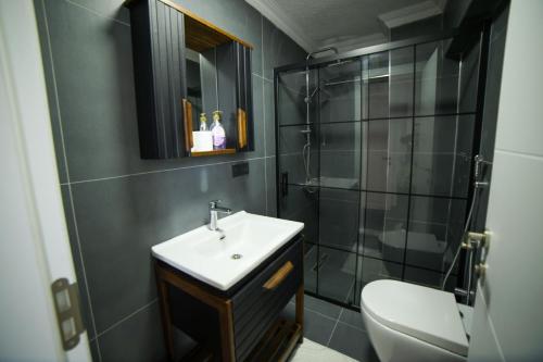 a bathroom with a sink and a shower and a toilet at Asil Villas in Sapanca