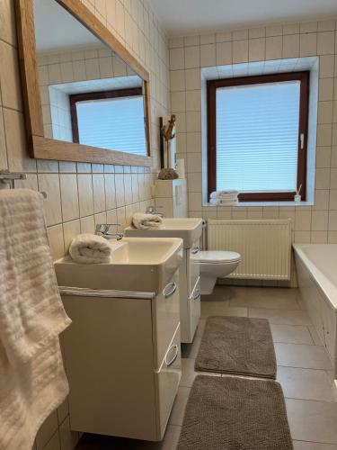 a bathroom with a sink and a toilet and a mirror at Hof Horsten - Wohnidyll in ehemaliger Scheune in Bad Nenndorf