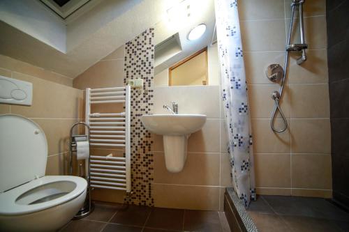 Un baño con inodoro, lavabo y ducha. en Apartman Matej, en Liptovský Mikuláš