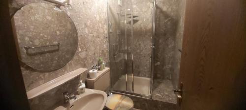a bathroom with a shower and a toilet and a sink at Reihenendhaus bei Nürnberg in Petersaurach