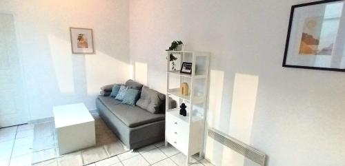 a living room with a couch and a white shelf at La Cour Palissy in Tours
