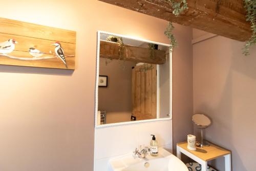 a bathroom with a mirror and a sink at Wansfell View, Central Hawkshead with Hot Tub in Hawkshead