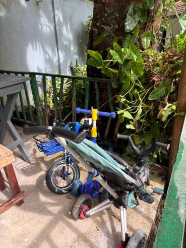 Una bicicleta para niños con un paraguas adjunto. en Paradise Bungalow, en Weligama