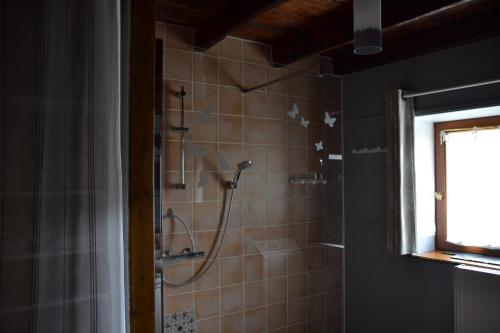 a bathroom with a shower with a shower curtain at Gîte la Framboisine in Bourgvilain