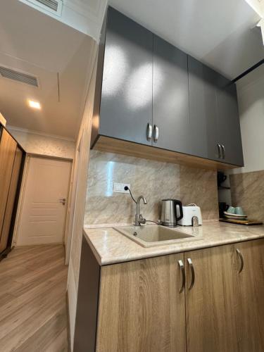 een keuken met een spoelbak en houten kasten bij Alvina Complex Apartment in Tsachkadzor