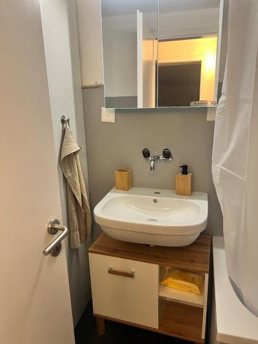 a bathroom with a sink and a mirror at Newly Renovated Stylish & Spacious Studio in Huttwil