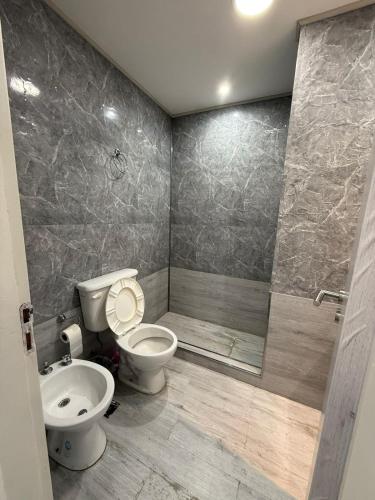 a bathroom with a toilet and a shower and a sink at Apartamentos La Posta in San Salvador de Jujuy