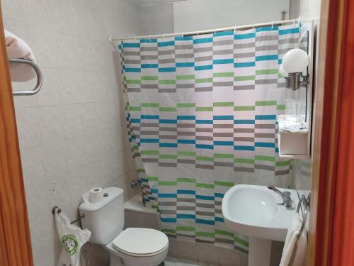 a bathroom with a toilet and a sink and a shower curtain at Hotel Peñarroya in Argamasilla de Alba