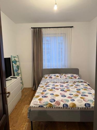 a bedroom with a bed and a window at Apartament cu 2 camere in Rădăuţi