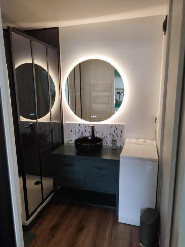 パンポルにあるAppartement magnifique à Paimpolの洗面台と鏡のあるバスルーム