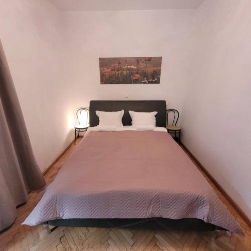 Un dormitorio con una cama grande con dos almohadas. en Central 3 Budget Accomodation, en Bucarest