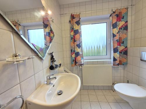 Komfortferienhaus Küstenruhe Norddeich في Flüthörn: حمام مع حوض ومرحاض ونافذة