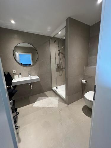 a bathroom with a sink and a toilet and a mirror at Pension Zur Linde in Geisfeld