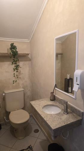 a bathroom with a toilet and a sink with a mirror at Pousada Bella Juquehy in Juquei