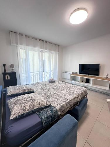 a bedroom with a bed and a flat screen tv at L'Espadon - vue mer, proche plage et gare in Menton