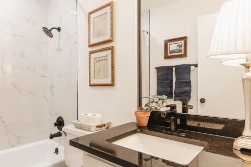 Un baño con lavabo, espejo y bañera. en WabiSabi ATX Garden Gem at SoCo, Antique, Cloud Beds, Pool, Shops & Eats, en Austin