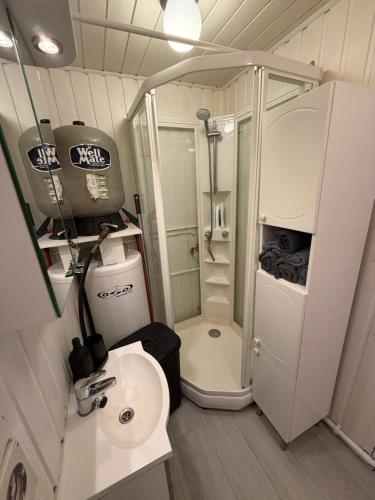 a small bathroom with a shower and a sink at Beautiful panorama fjord wiew 40 min from Bergen in Hamre