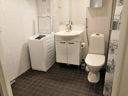 une petite salle de bain avec un lavabo et des toilettes dans l'établissement Convenient Apartment for 2, à Kemi