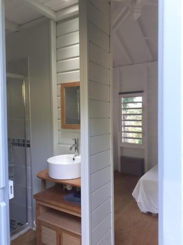 a bathroom with a sink and a mirror at surf lodge in Deshaies