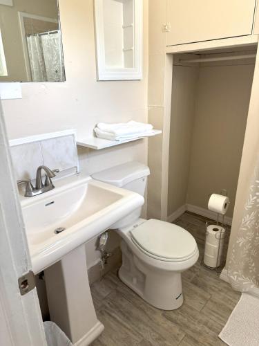 a white bathroom with a sink and a toilet at Lazy Oaks Resort Cottages in Leesburg