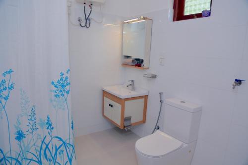ein Badezimmer mit Toilette, Waschbecken und Spiegel in der Unterkunft Yathramulla Harbour Bentota in Bentota