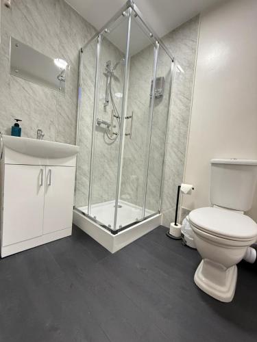 a bathroom with a shower and a toilet at The Sawmills, Carlisle - Spacious 4 Bedroom Family House - Free WiFi - & Parking - Walk to Carlisle Castle in Carlisle