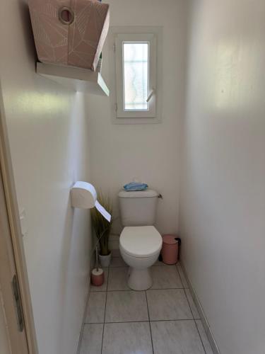 a small bathroom with a toilet and a window at Maison verdoyante in Monteux