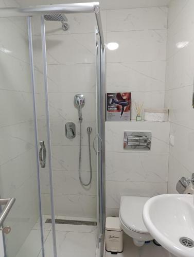 a bathroom with a shower and a toilet and a sink at Apartman Hedon in Vrnjačka Banja