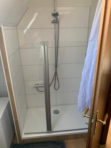a shower with a glass door in a bathroom at Über den Dächern der Stadt in Bremervörde