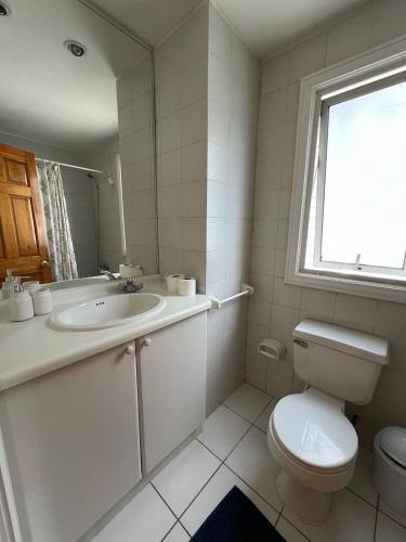 Un baño blanco con inodoro y lavabo. en Complejo Turístico Alto Pangue, en Callaqui