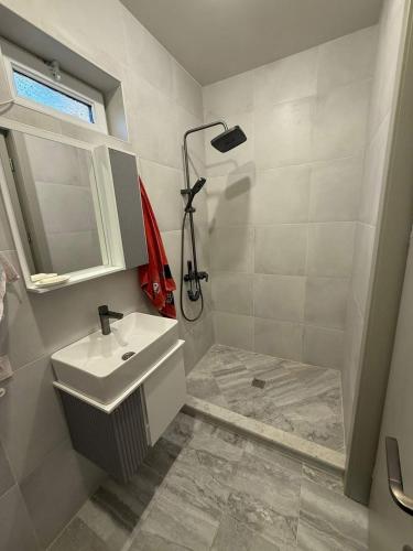 a bathroom with a sink and a shower at Cottage Qorbuda in Saguramo