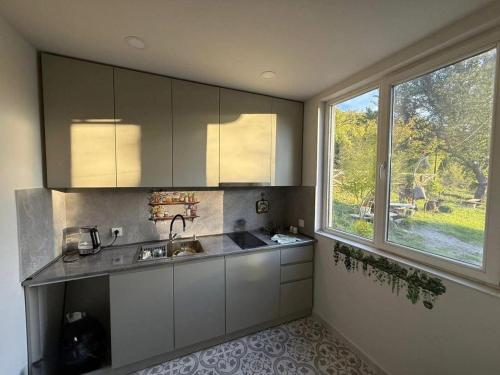 eine Küche mit Spüle und Fenster in der Unterkunft Cottage Qorbuda in Saguramo
