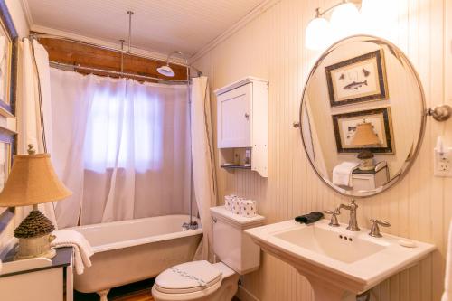 a bathroom with a sink and a toilet and a mirror at Riverdale in Boone