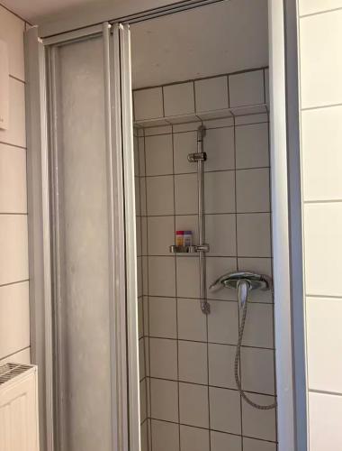 a shower with a glass door in a bathroom at Room!Moor in Schwarzenbach an der Saale