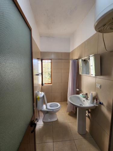 ein Badezimmer mit Toilette und Waschbecken in der Unterkunft Jimmy Apartment in Tirane