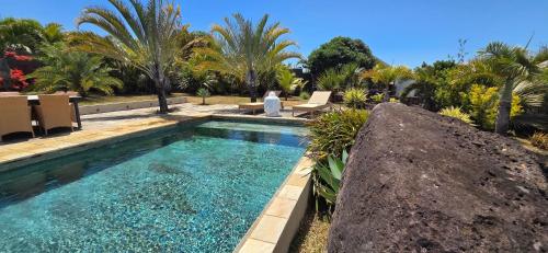 a swimming pool in a yard with a large rock at Cap Nord in Cap Malheureux