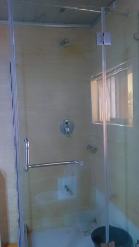 a shower with a glass door in a bathroom at Royale Signature in Lagos