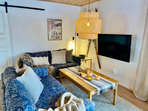 een woonkamer met een bank en een tv bij Stugan i Åsvallen in Tänndalen