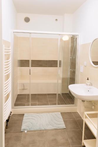 a bathroom with a shower and a sink at Ubytování nad kostelem in Prague