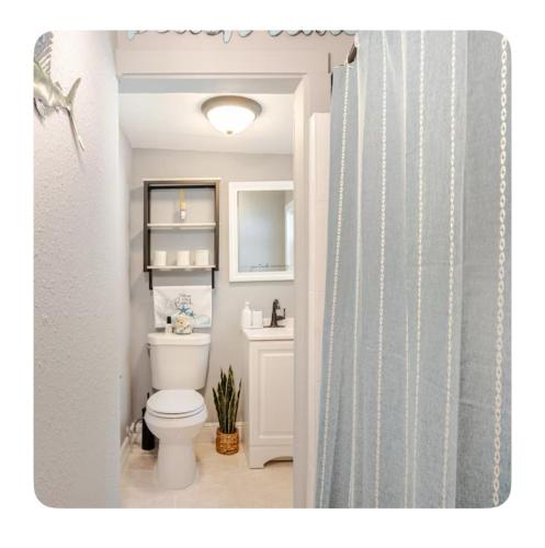 a bathroom with a toilet and a shower curtain at Gated single family home downtown ST Petersburg, FL in St. Petersburg